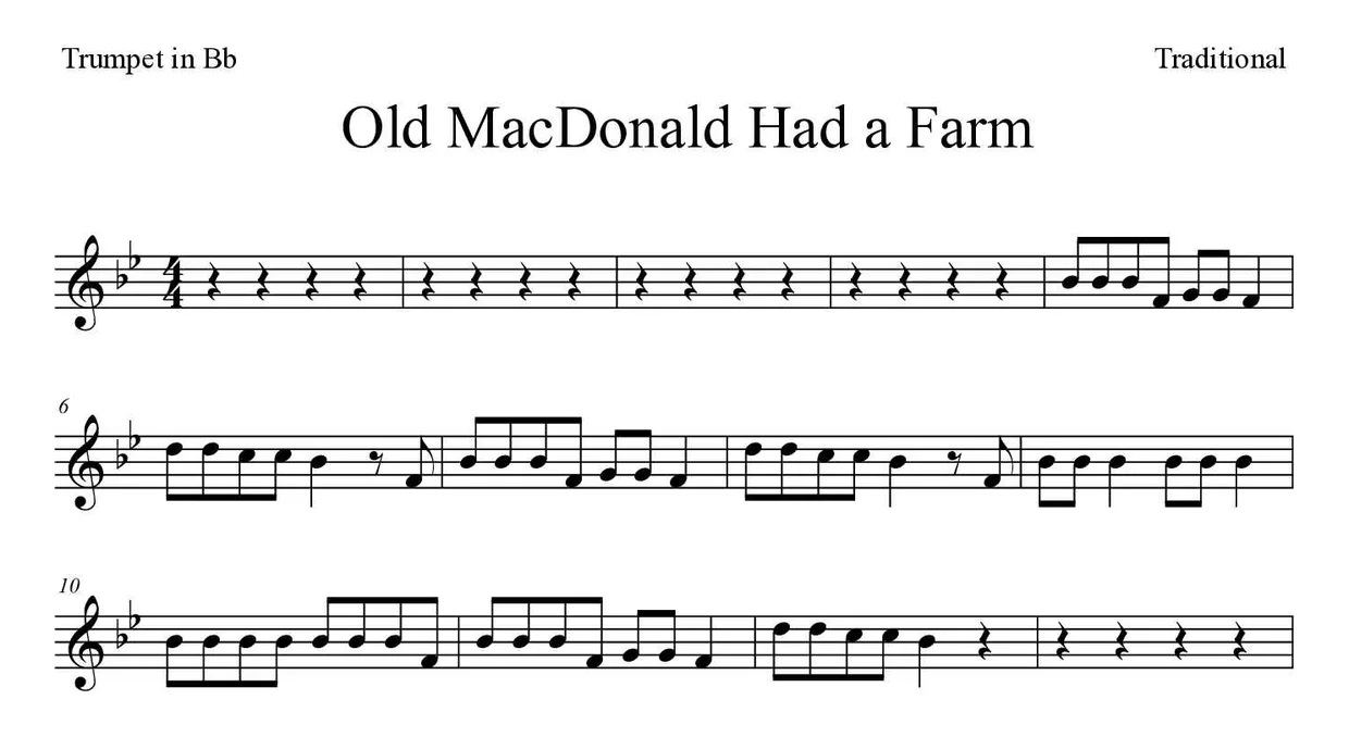 Partitura de Old MacDonald Had a Farm para trompeta en Sib, primeras líneas