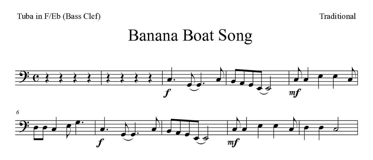 Spartito di Banana Boat Song per tuba in F/Eb (bass clef), prime righe