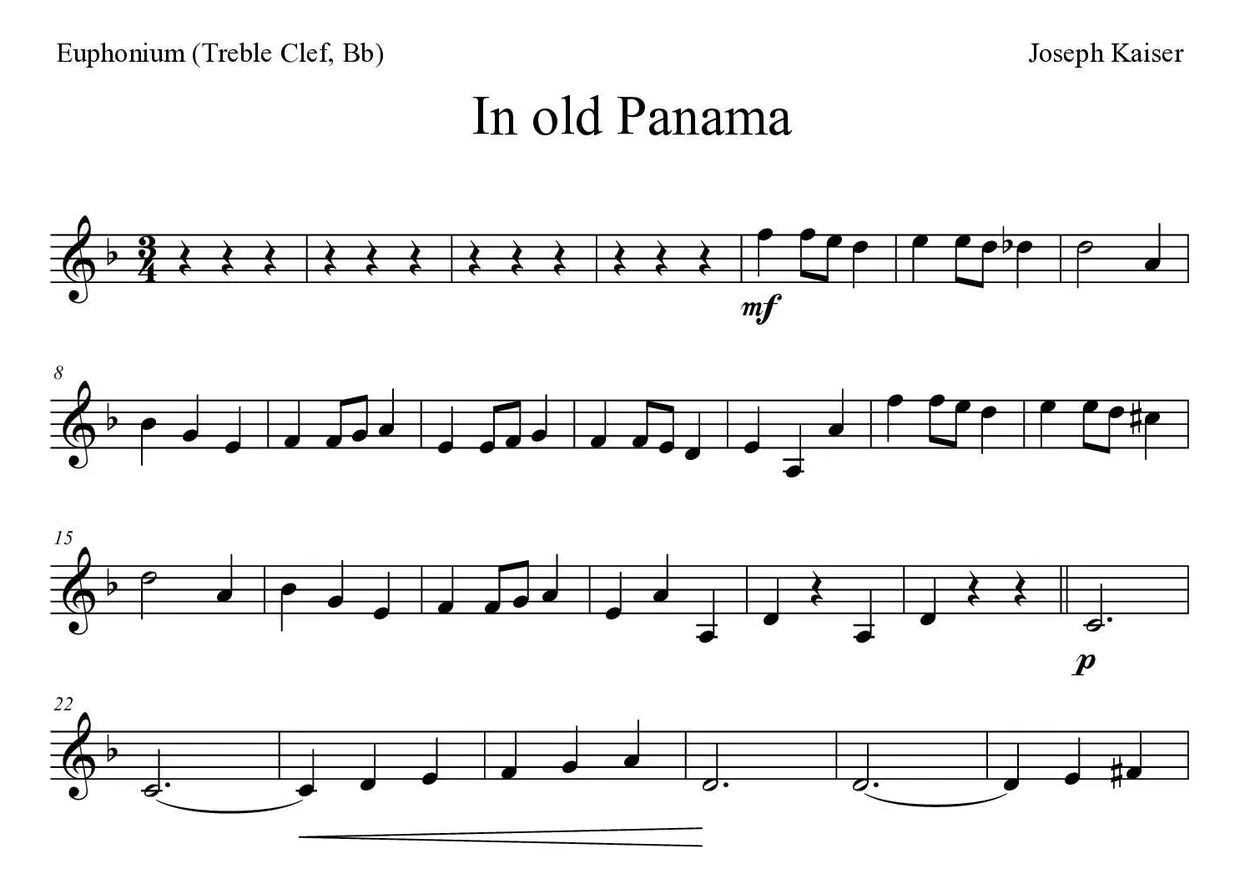 Partition de In old Panama pour euphonium (clé de sol, si bémol), premières lignes