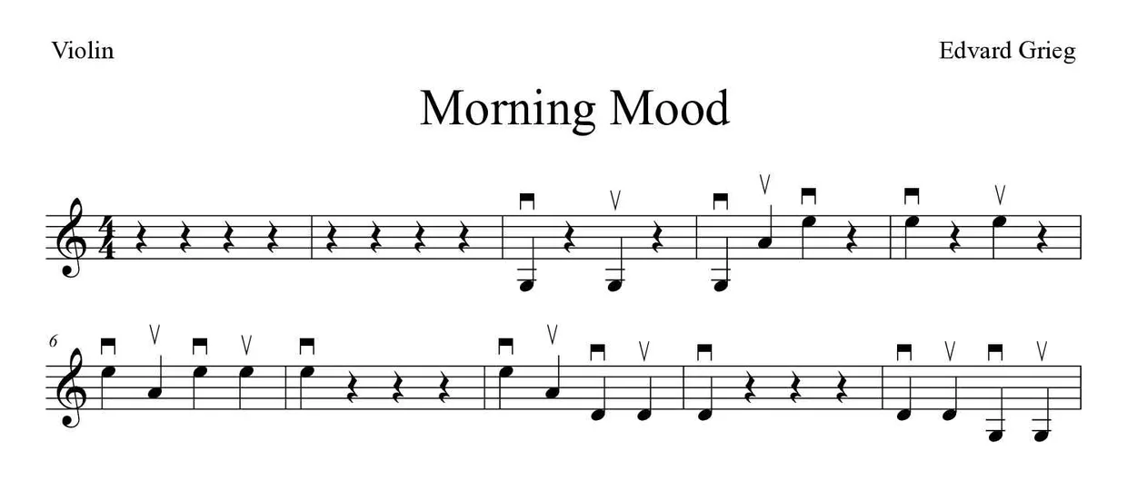 Sheet music of Morning Mood for violin (Easy), first lines