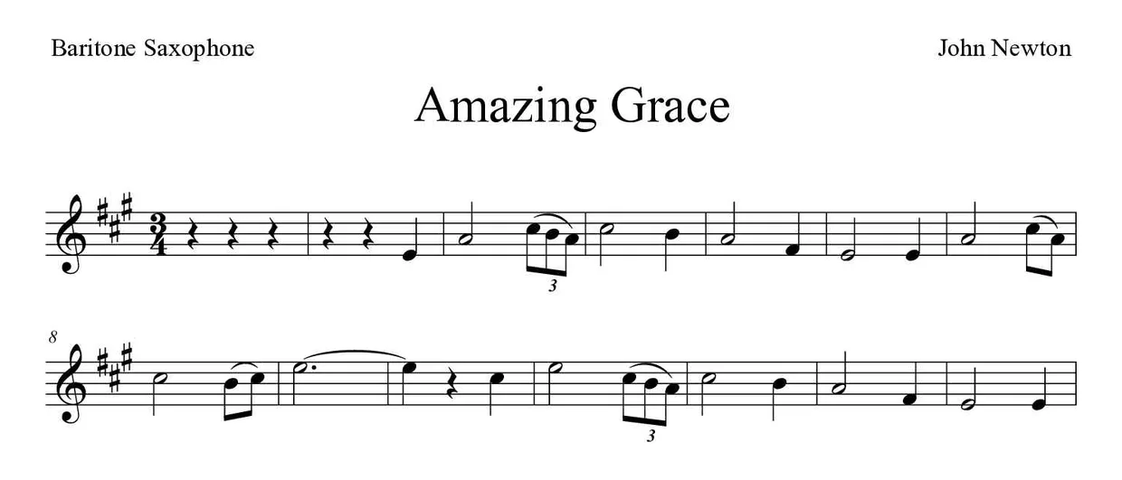 Partitura de Amazing Grace para saxofone barítono, primeiras linhas