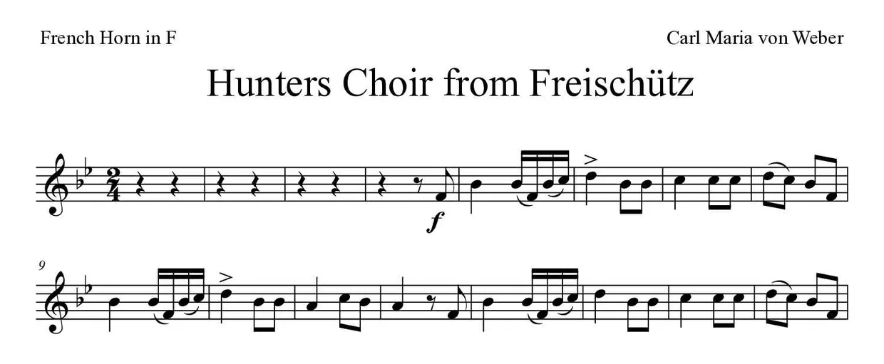 Bladmuziek van Hunters Choir from Freischütz voor French horn, eerste regels