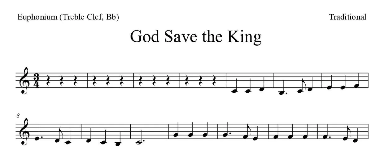 ‘God Save the King’ Euphonium (Treble Clef, Bb) 악보의 첫 몇 줄