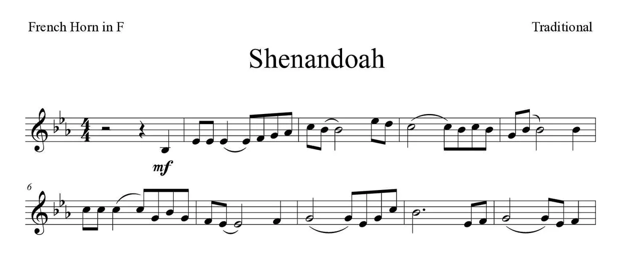 Partitura de Shenandoah para trompa, primeiras linhas