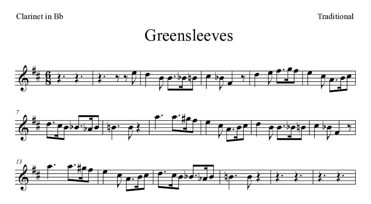 Bladmuziek van Greensleeves voor clarinet, eerste regels
