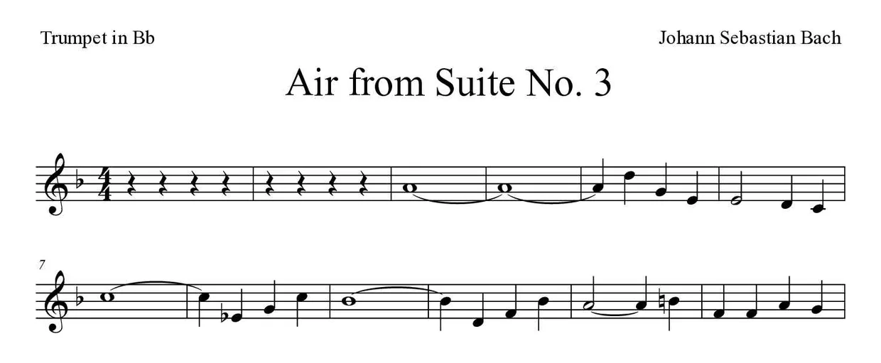 Noten von Air aus der Suite Nr. 3 für Trompete in B (Mittel), erste Zeilen