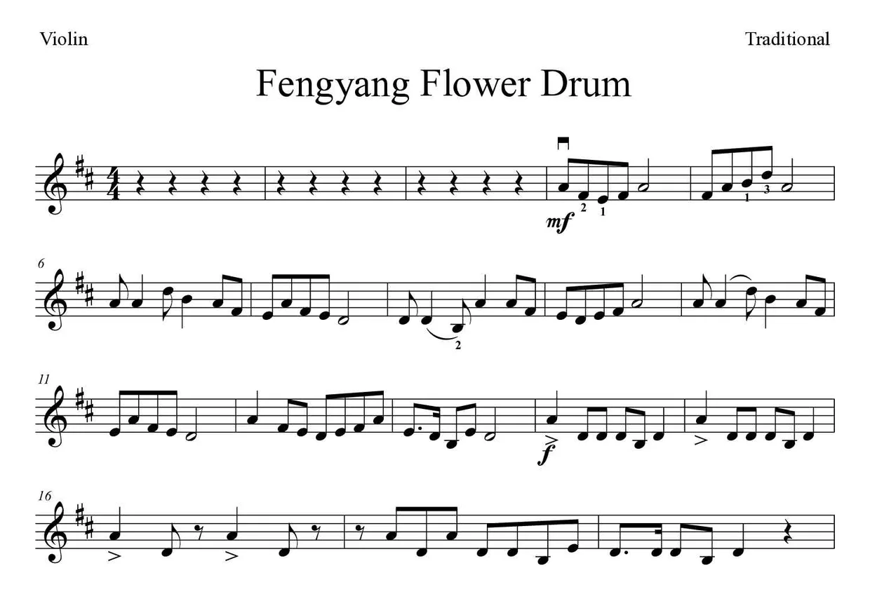 Noten von Fengyang Flower Drum für Geige (Schwer), erste Zeilen
