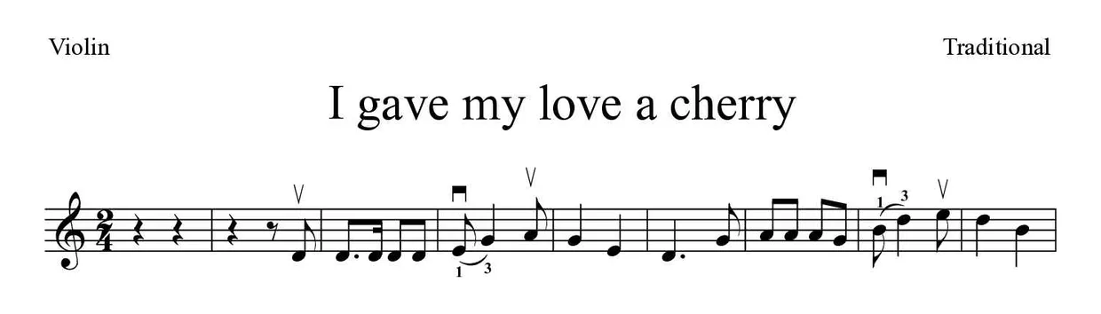 ‘I gave my love a cherry’ Violin 악보의 첫 몇 줄