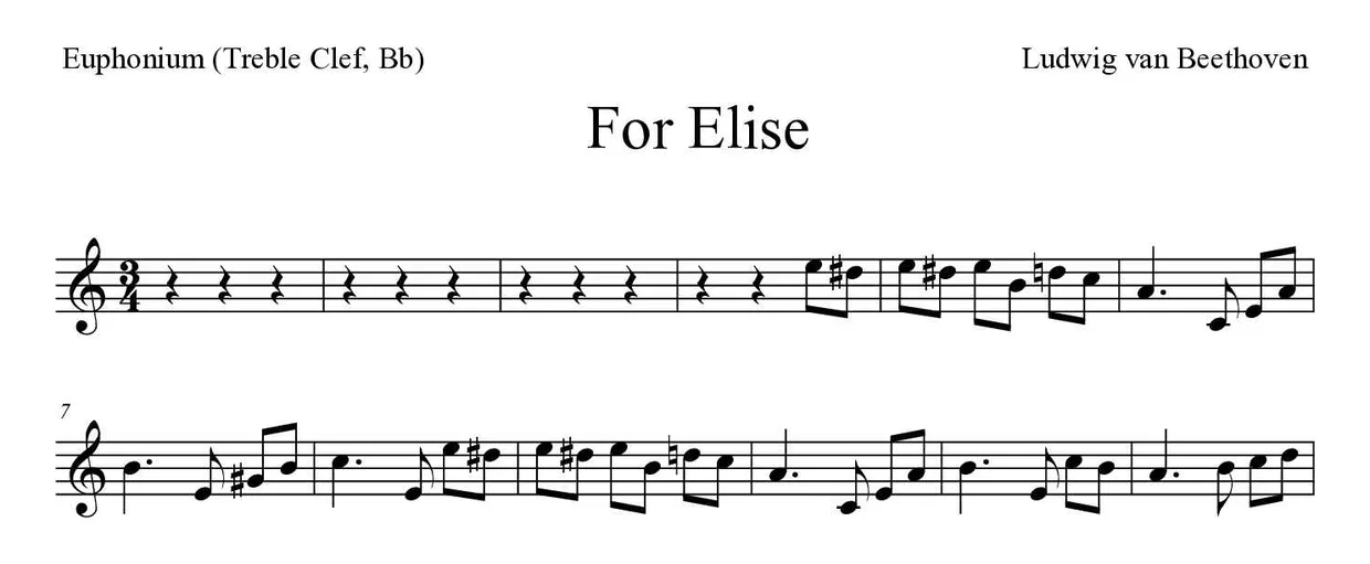 Noten von Für Elise für Euphonium (Violinschlüssel, B) (Experte), erste Zeilen