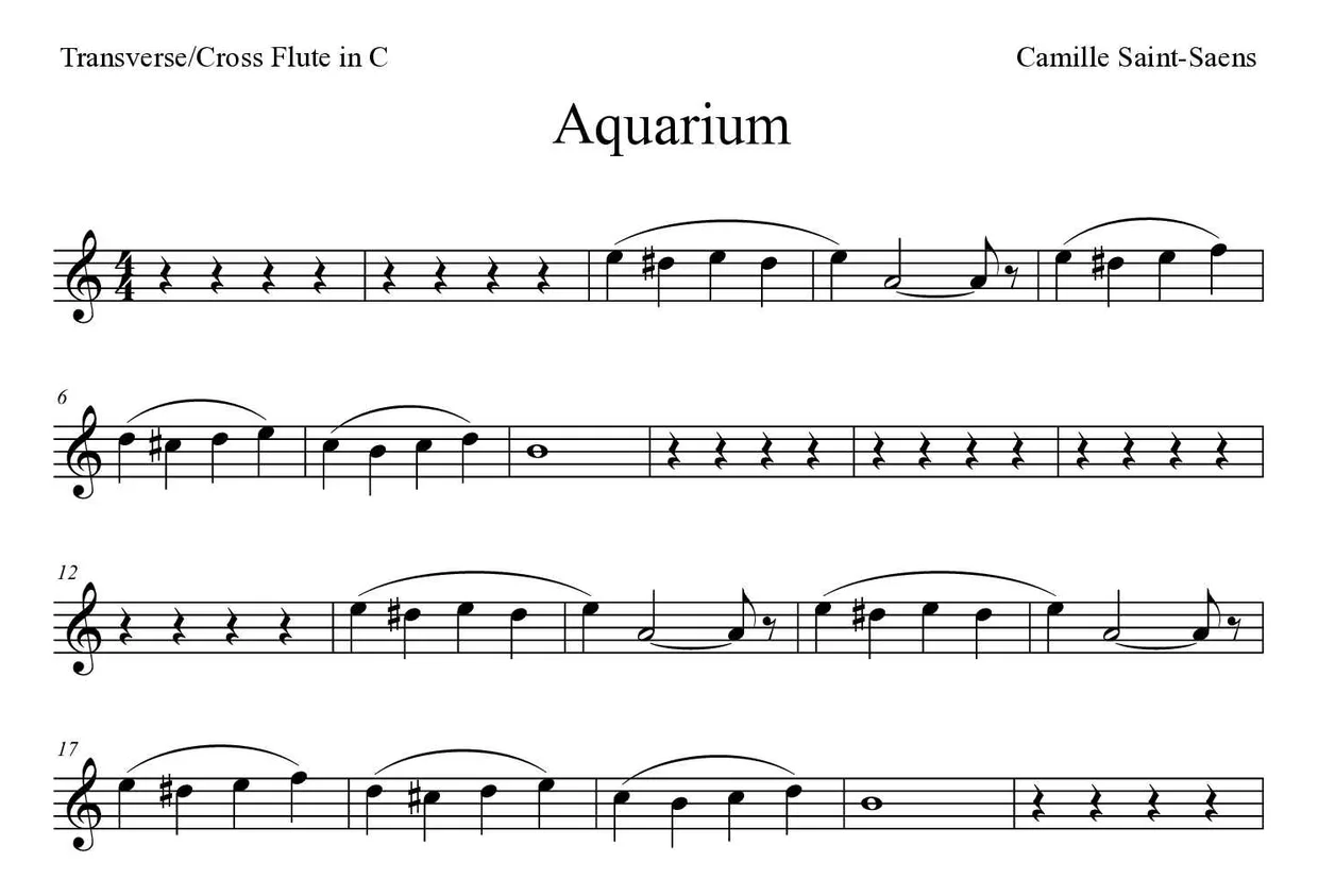 Partition de Aquarium pour fflûte traversière, premières lignes