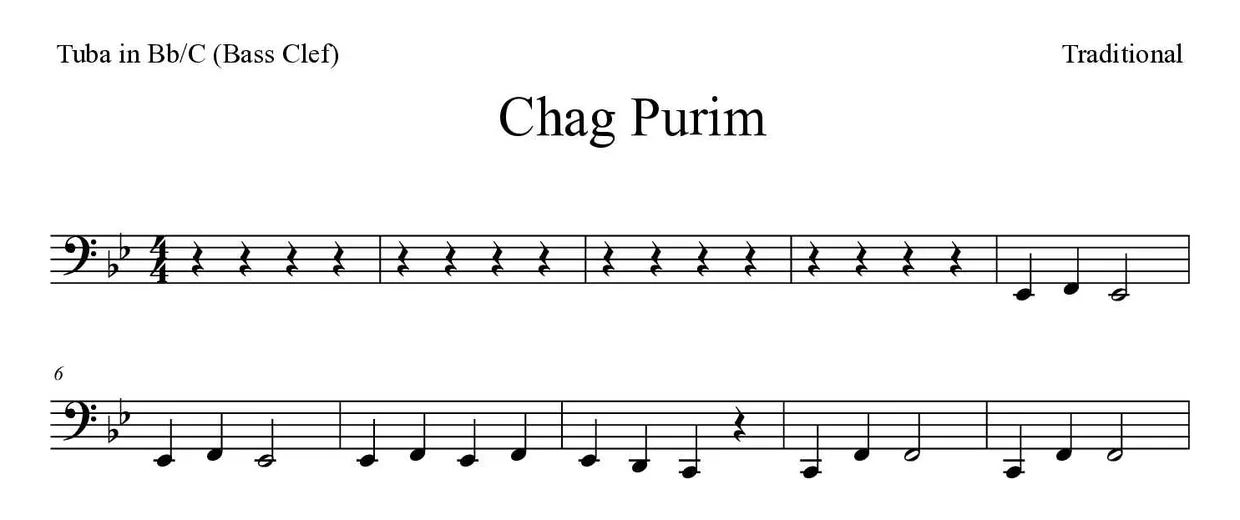 Partition de Chag Purim pour tuba en si bémol/do (clé de fa), premières lignes