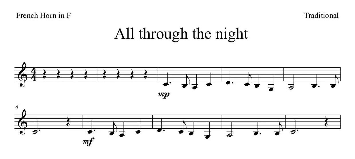 ‘All through the night’ French Horn 악보의 첫 몇 줄