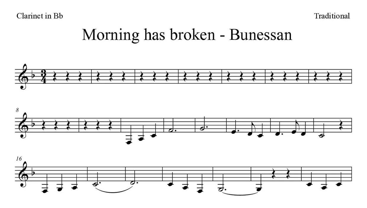 Bladmuziek van Morning has broken - Bunessan voor clarinet, eerste regels