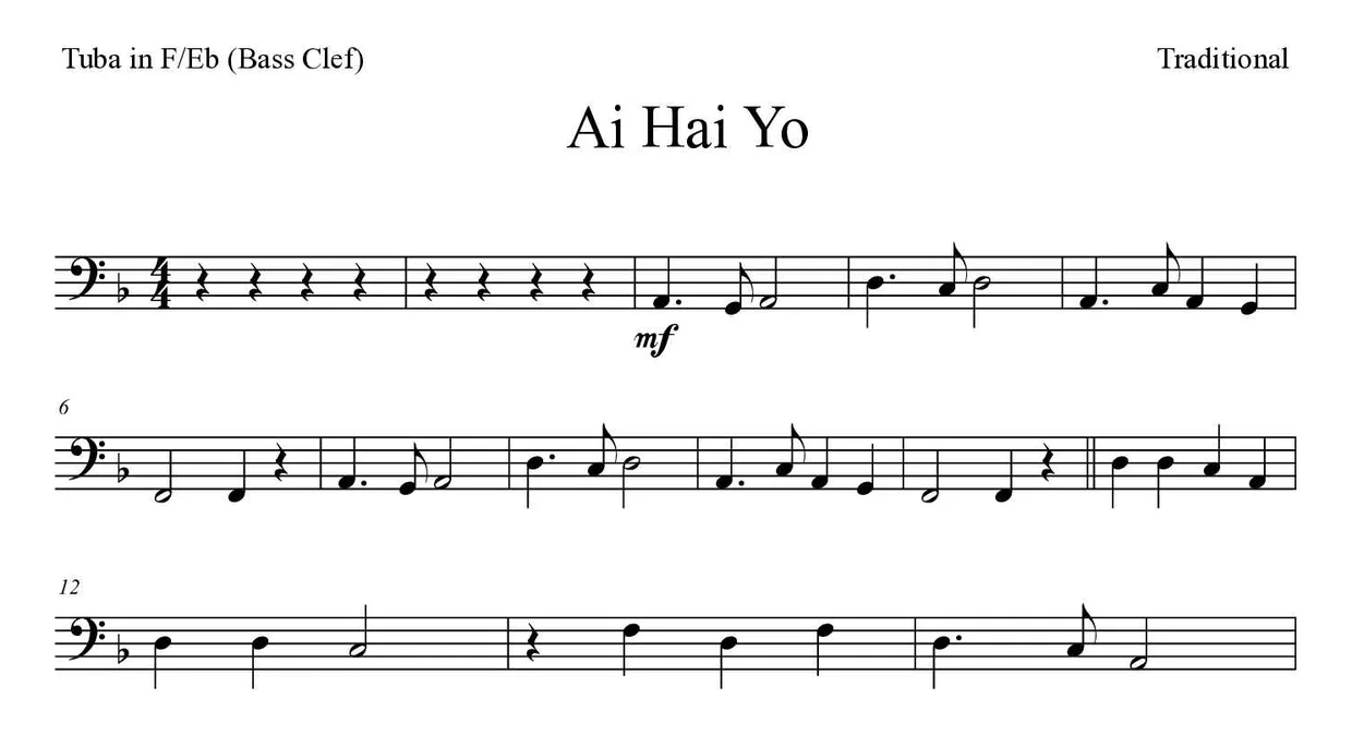 「Ai Hai Yo」Tuba in F/Eb (Bass Clef)用楽譜の最初の数段