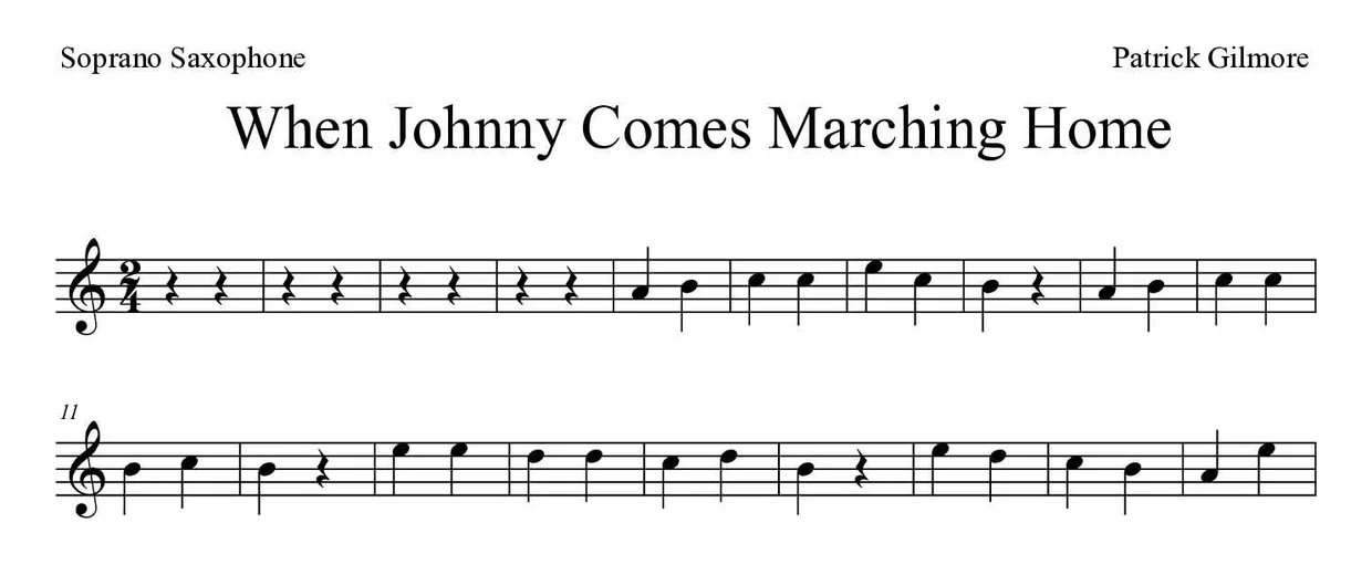 「When Johnny Comes Marching Home」Soprano Saxophone用楽譜の最初の数段