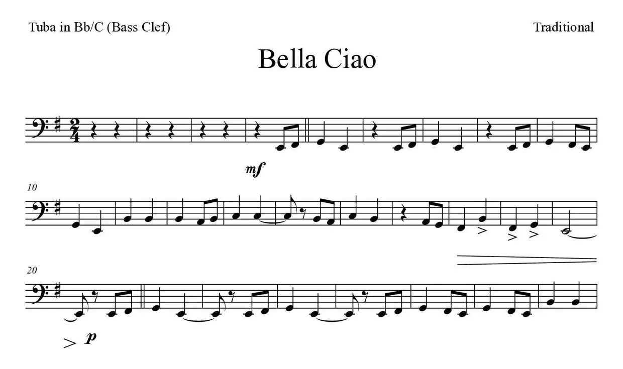 Partitura de Bella Ciao para tuba en Sib/Do (clave de Fa), primeras líneas