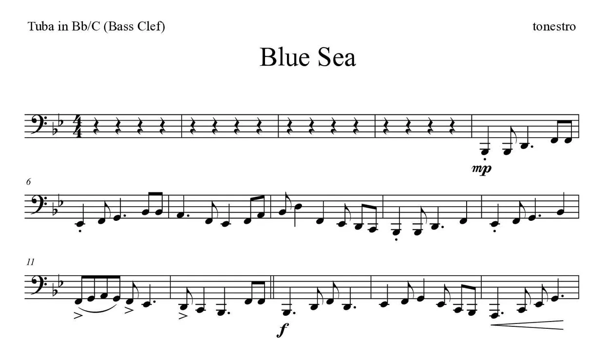 ‘Blue Sea’ Tuba in Bb/C (Bass Clef) 악보의 첫 몇 줄
