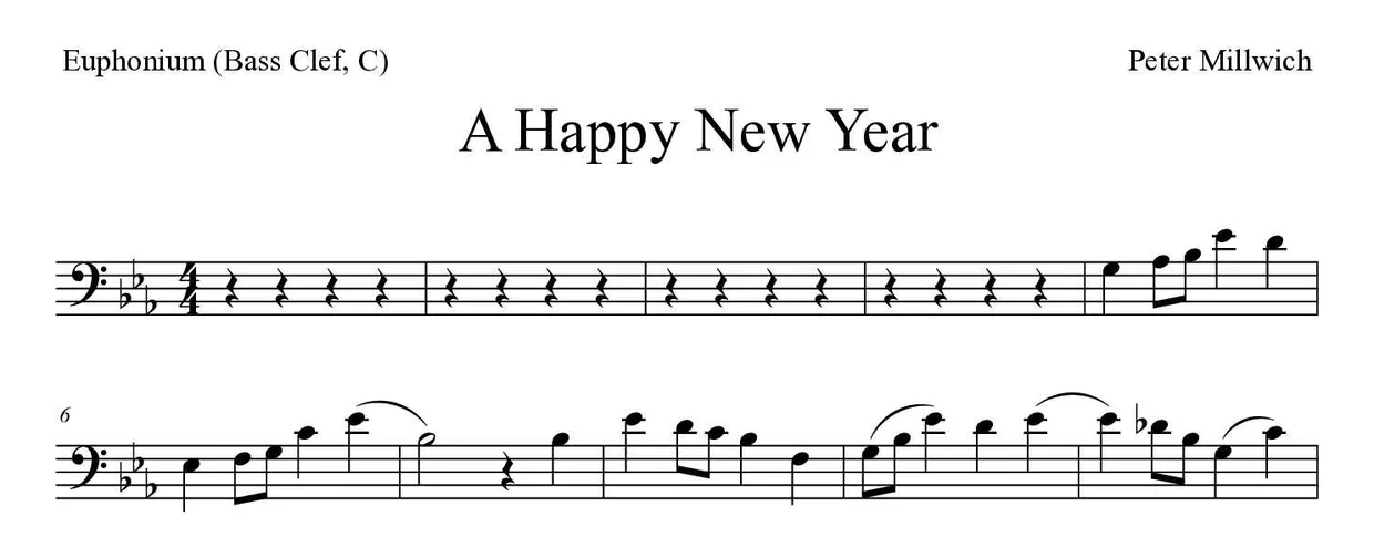 「A Happy New Year」Euphonium (Bass Clef, C)用楽譜の最初の数段