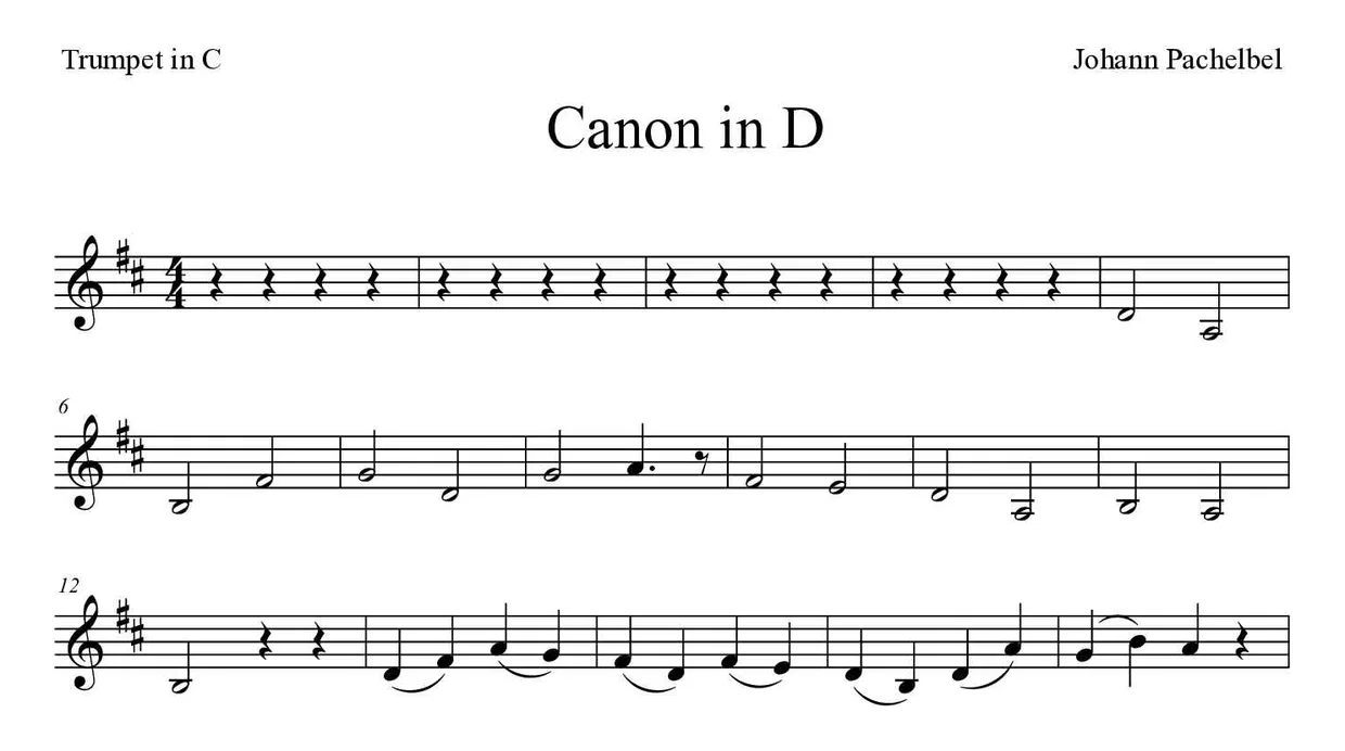 Noten von Canon in D für Trompete in C (Mittel), erste Zeilen