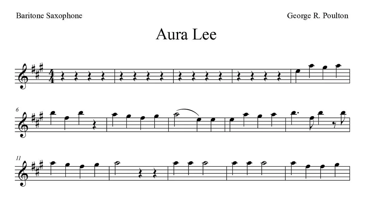 Partitura de Aura Lee para saxofón barítono, primeras líneas