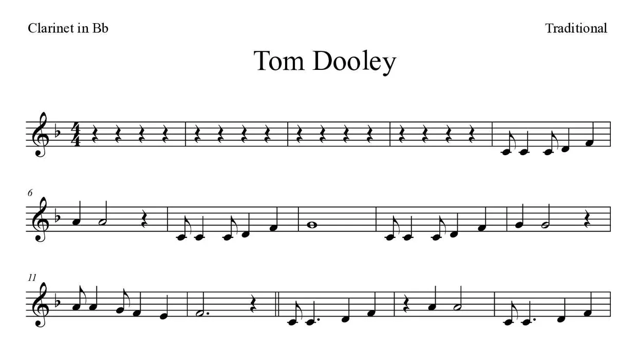 ‘Tom Dooley’ Clarinet 악보의 첫 몇 줄