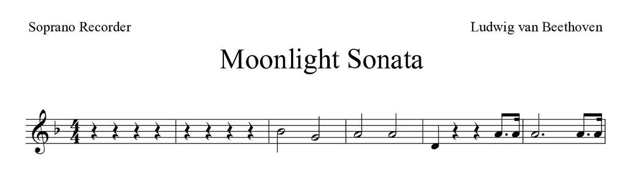 Partitura de Moonlight Sonata para flauta dulce, primeras líneas