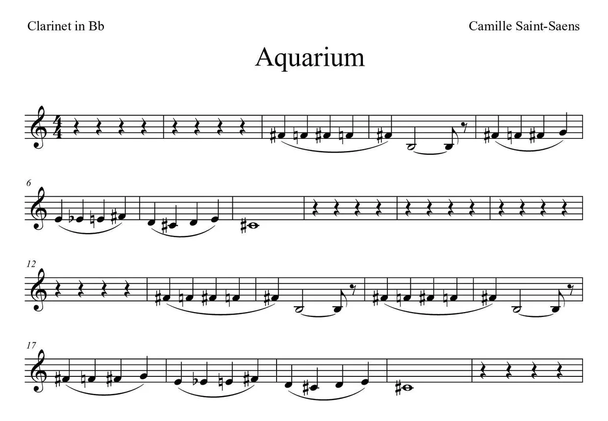 Partition de Aquarium pour clarinette, premières lignes