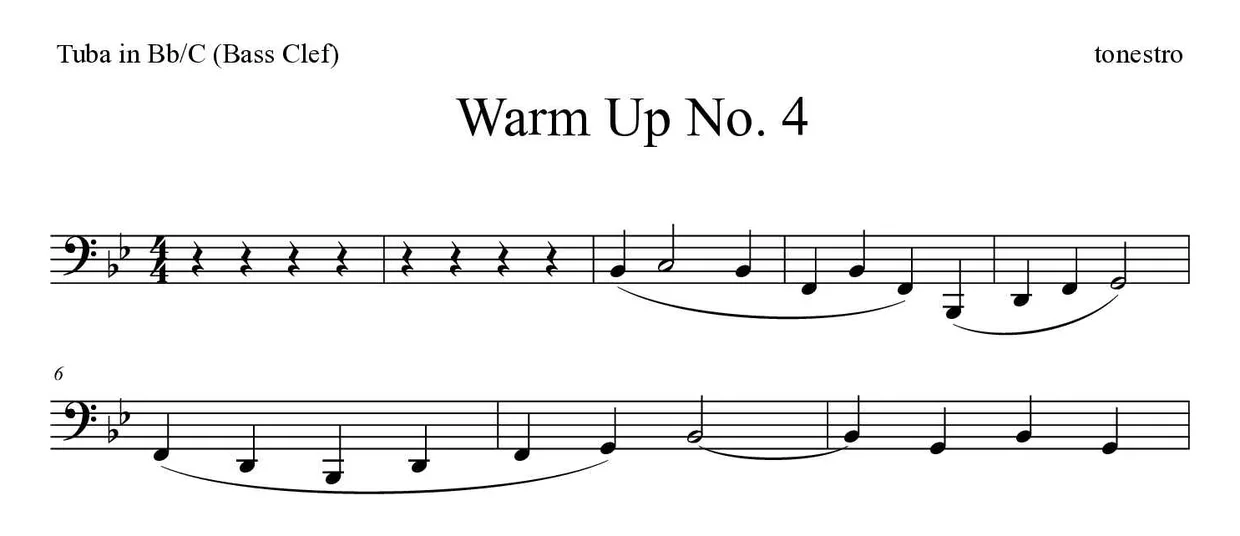 ‘Warm Up No. 4’ Tuba in Bb/C (Bass Clef) 악보의 첫 몇 줄