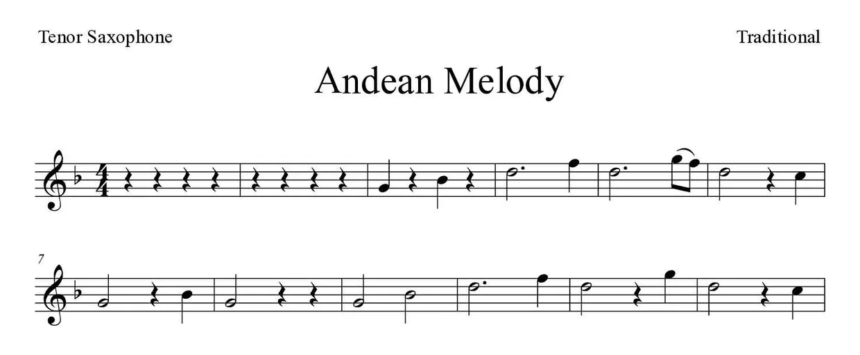 Sheet music of Andean Melody for tenor saxophone (Easy), first lines