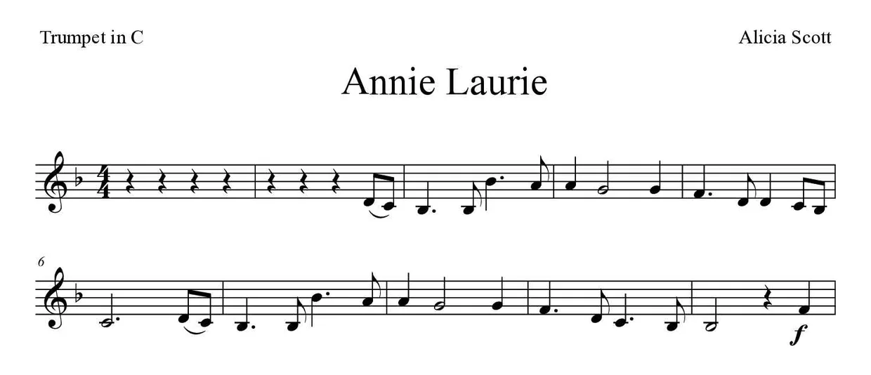 Partitura de Annie Laurie para trompete em Do, primeiras linhas