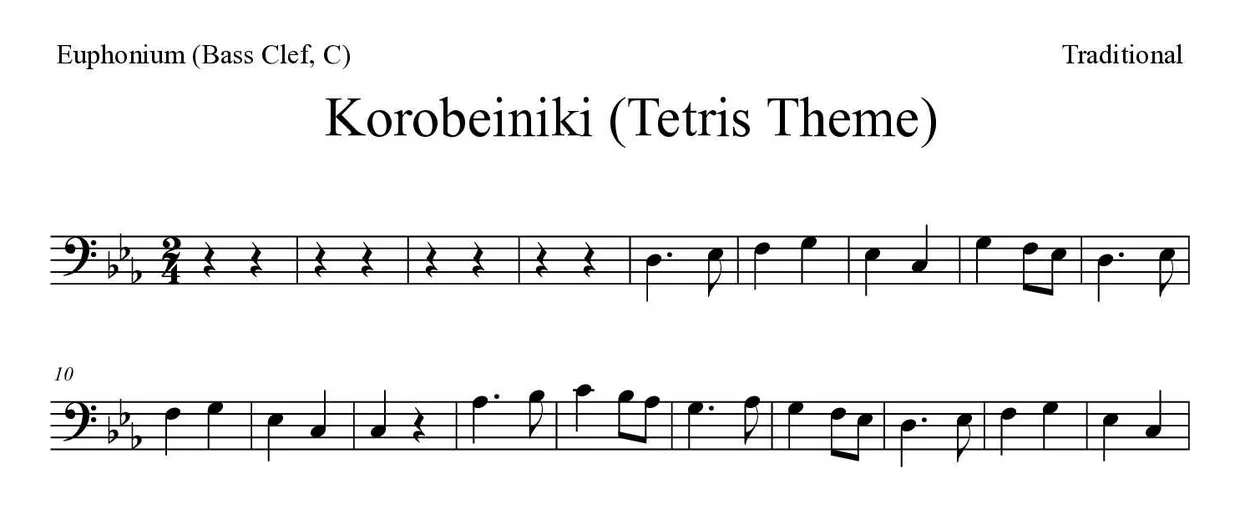 Partitura de Korobeiniki (Tetris Theme) para bombardino (clave de Fa, C), primeras líneas