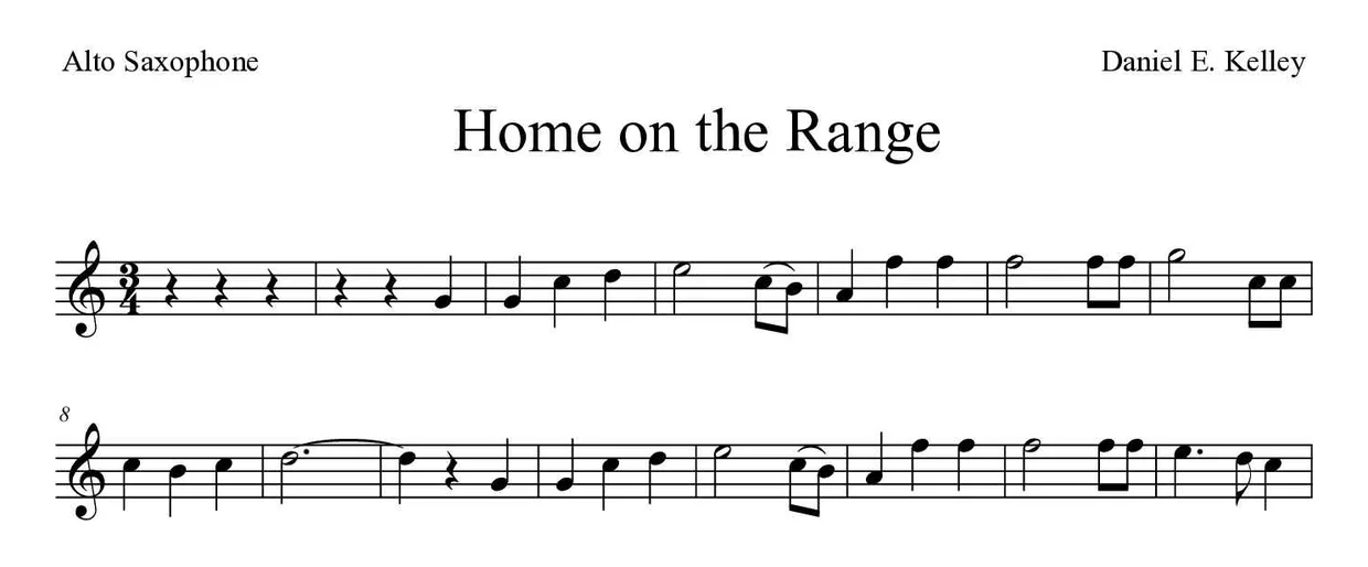 Partitura de Home on the Range para alto saxofone, primeiras linhas
