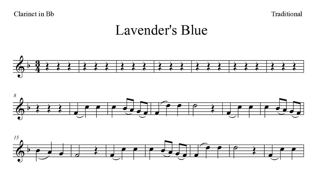 Spartito di Lavender's Blue per clarinet, prime righe