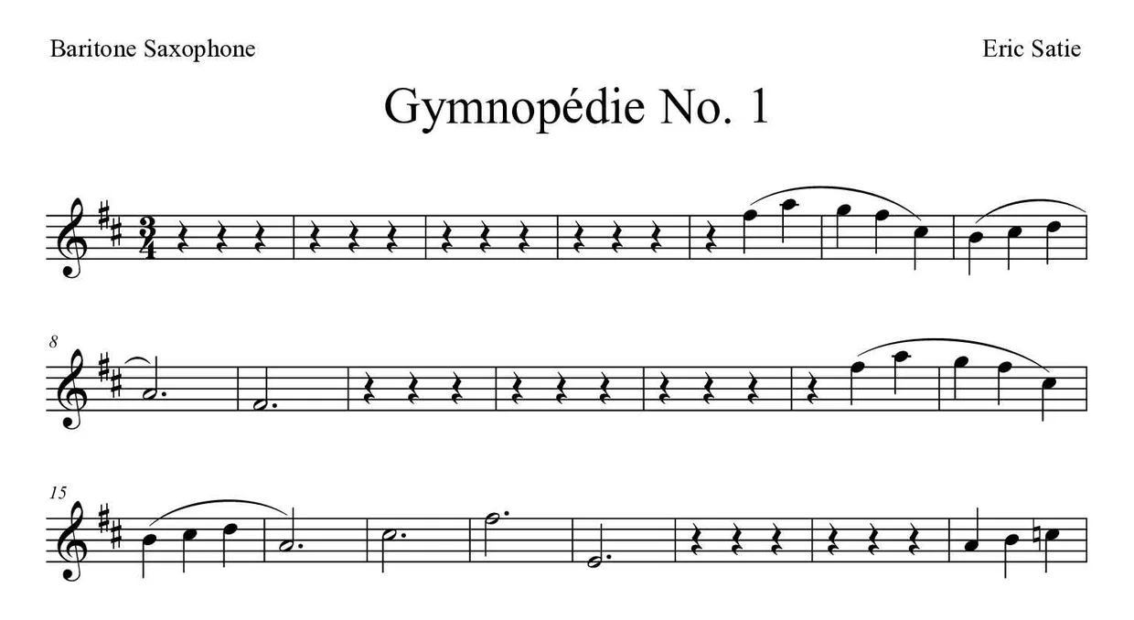 Sheet music of Gymnopédie No. 1 for baritone saxophone (Medium), first lines