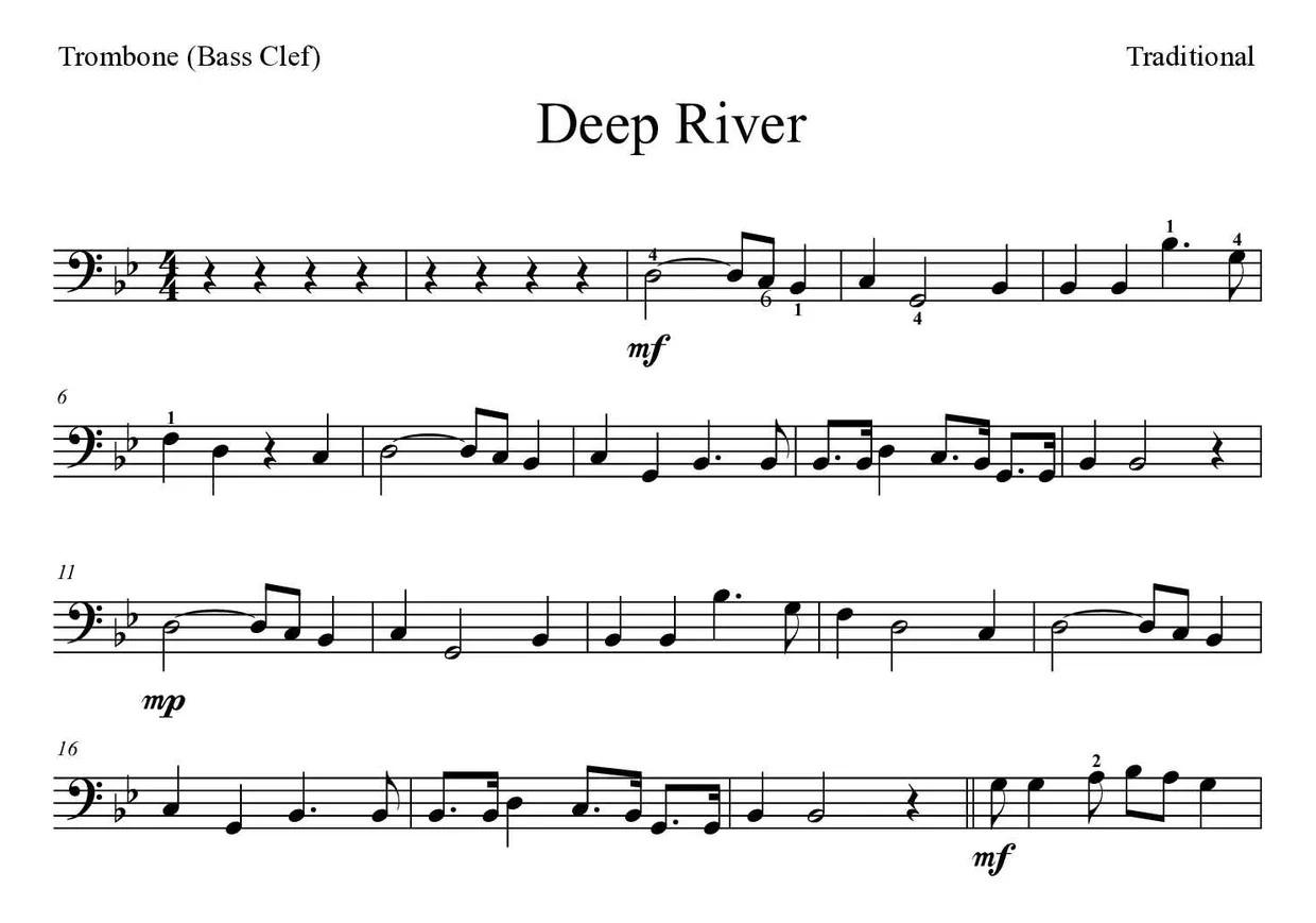 Partition de Deep River pour trombone, premières lignes