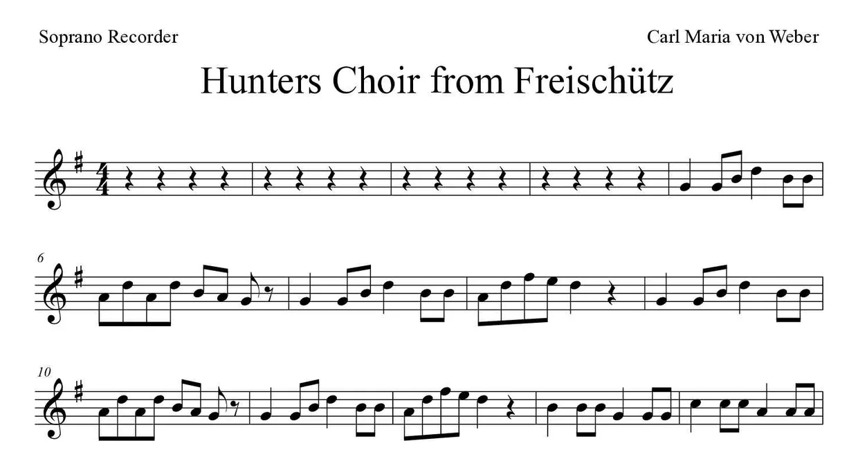 Sheet music of Hunters Choir from Freischütz for recorder (Medium), first lines