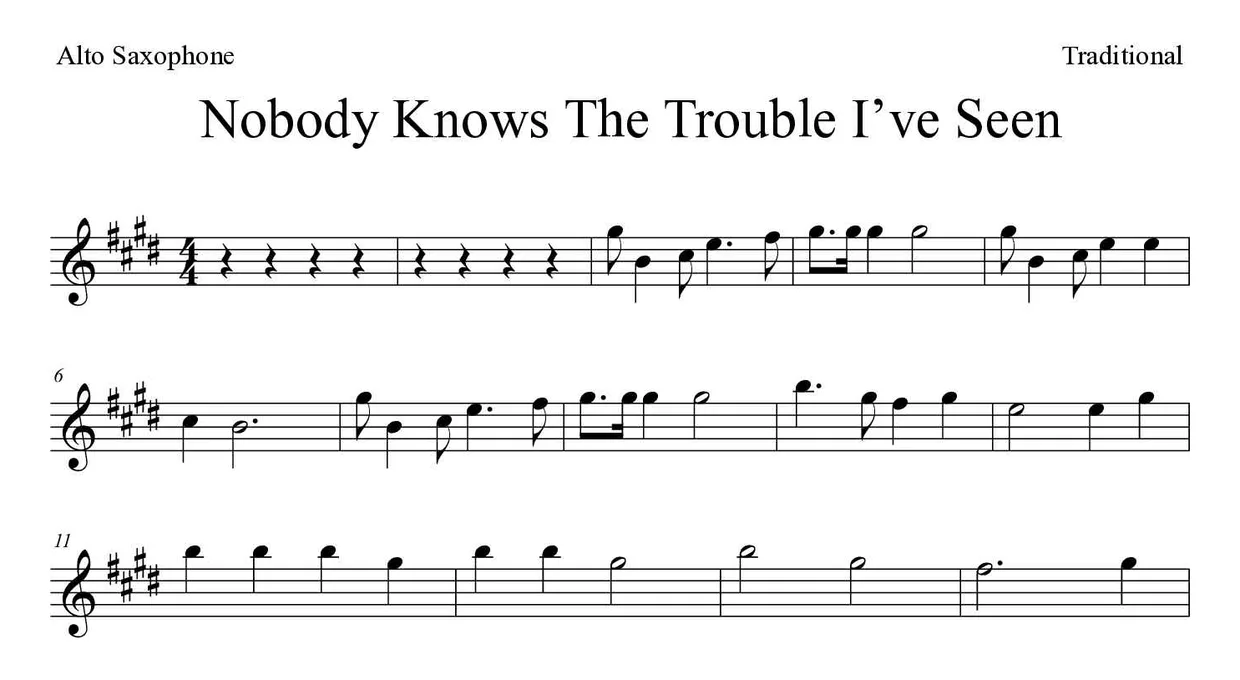 「Nobody Knows The Trouble I’ve Seen」Alto Saxophone用楽譜の最初の数段