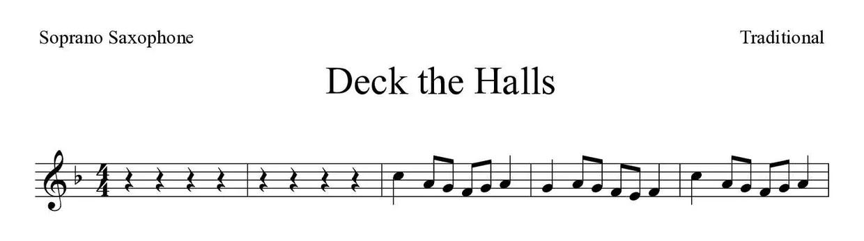 ‘Deck the Halls’ Soprano Saxophone 악보의 첫 몇 줄