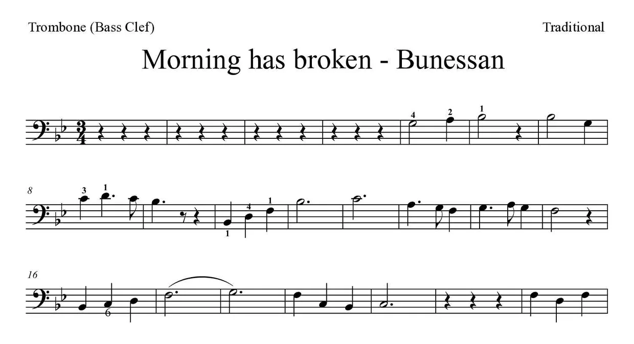 Spartito di Morning has broken - Bunessan per trombone, prime righe