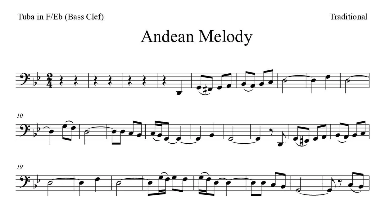 Partitura de Andean Melody para tuba em Fá/Mib (clave de Fa), primeiras linhas