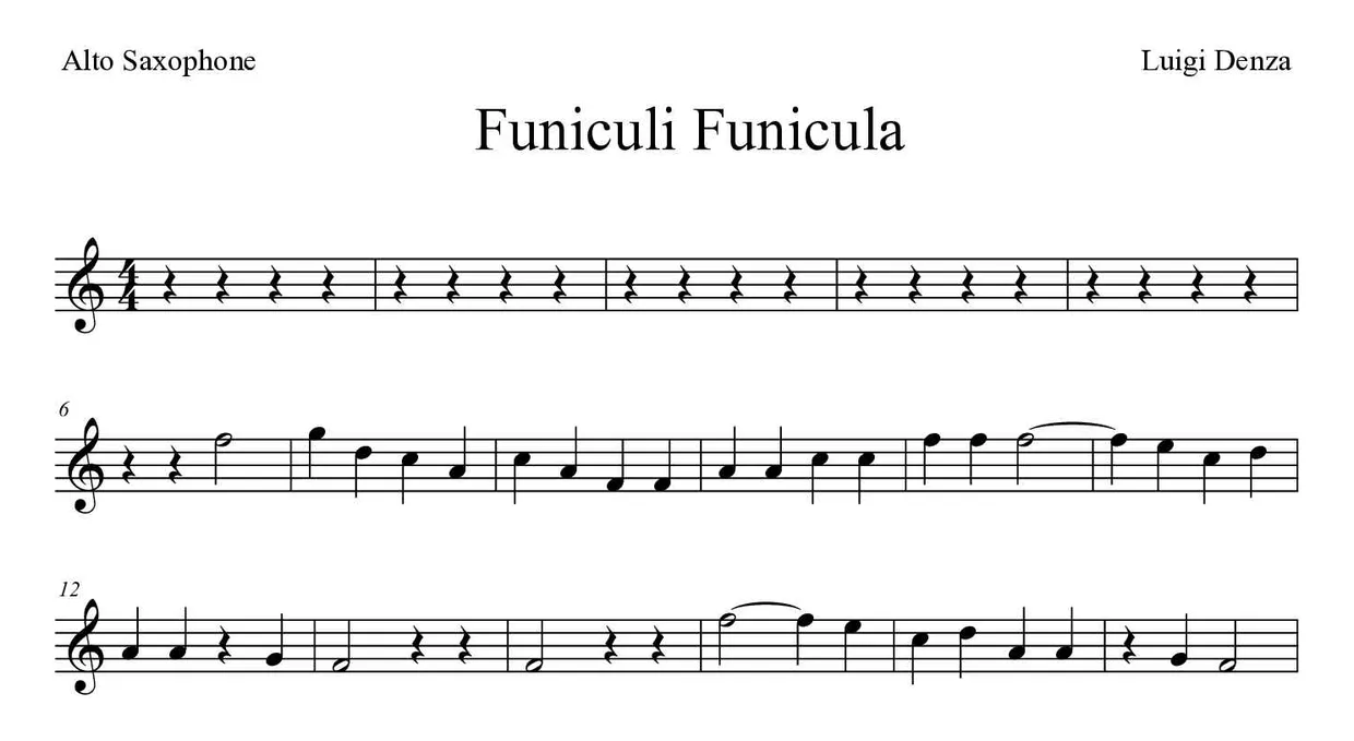 Spartito di Funiculì, Funiculà per alto saxophone, prime righe