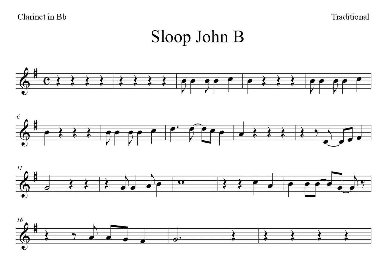 Partition de Sloop John B pour clarinette, premières lignes