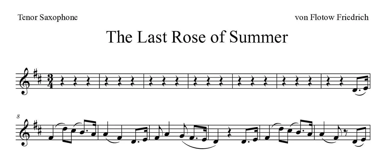 Bladmuziek van The Last Rose of Summer voor tenor saxophone, eerste regels