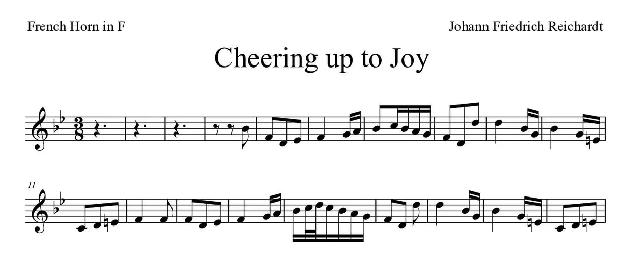 Partitura de Cheering up to Joy para trompa, primeiras linhas