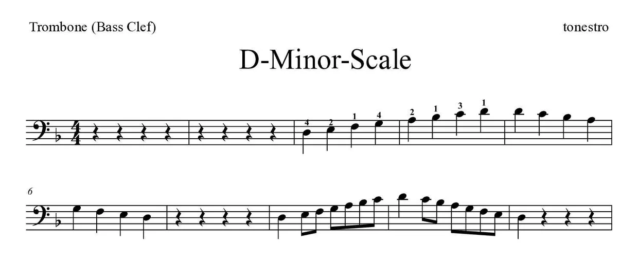 Sheet music of D-Minor-Scale for trombone (Hard), first lines