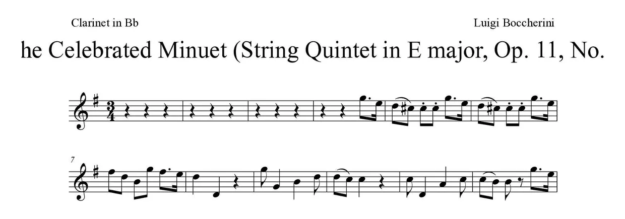 「The Celebrated Minuet (String Quintet in E major, Op. 11, No. 5)」Clarinet用楽譜の最初の数段