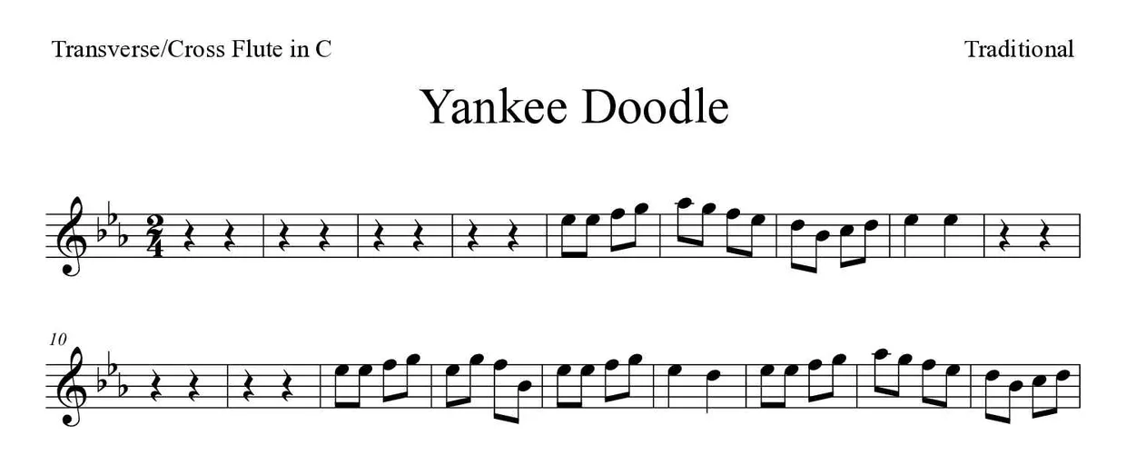 Partition de Yankee Doodle pour fflûte traversière, premières lignes