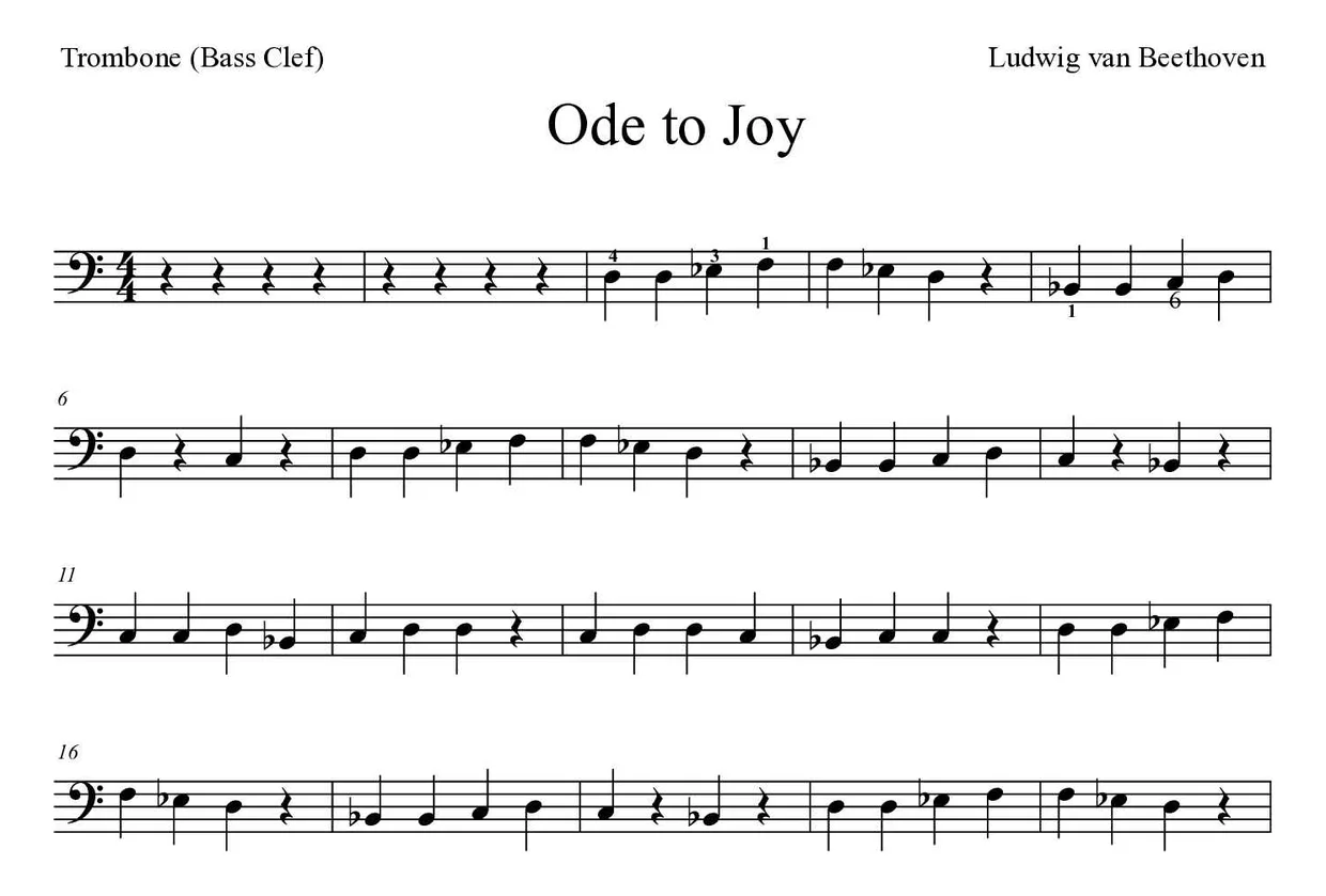 Partitura de Ode to Joy para trombone, primeiras linhas