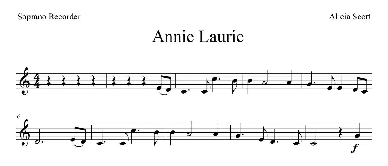 Partition de Annie Laurie pour flûte à bec, premières lignes