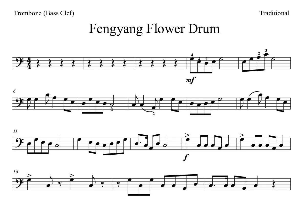 ‘Fengyang Flower Drum’ Trombone 악보의 첫 몇 줄